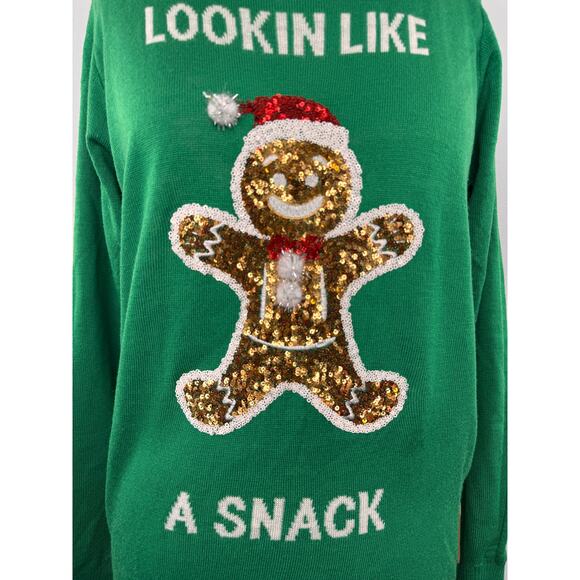 Tipsy Elves Lookin Like A Snack Green Ugly Christmas Sweater Sequin M Medium - Picture 2 of 5